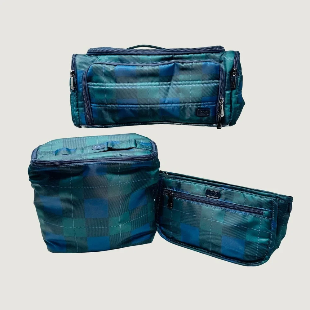 Lug Cosmetic Case Unisex Green Plaid Trolley XL 3pc Travel Makeup Organizer